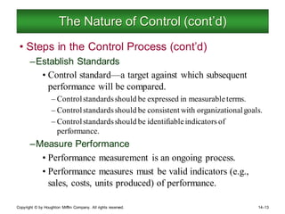 Copyright © by Houghton Mifflin Company. All rights reserved. 14–13
The Nature of Control (cont’d)
• Steps in the Control Process (cont’d)
–Establish Standards
• Control standard—a target against which subsequent
performance will be compared.
– Controlstandardsshould be expressed in measurableterms.
– Controlstandardsshould be consistent with organizationalgoals.
– Controlstandardsshould be identifiableindicators of
performance.
–Measure Performance
• Performance measurement is an ongoing process.
• Performance measures must be valid indicators (e.g.,
sales, costs, units produced) of performance.
 