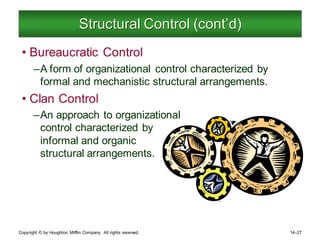 Copyright © by Houghton Mifflin Company. All rights reserved. 14–27
Structural Control (cont’d)
• Bureaucratic Control
–A form of organizational control characterized by
formal and mechanistic structural arrangements.
• Clan Control
–An approach to organizational
control characterized by
informal and organic
structural arrangements.
 