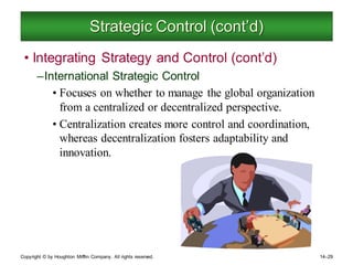 Copyright © by Houghton Mifflin Company. All rights reserved. 14–29
Strategic Control (cont’d)
• Integrating Strategy and Control (cont’d)
–International Strategic Control
• Focuses on whether to manage the global organization
from a centralized or decentralized perspective.
• Centralization creates more control and coordination,
whereas decentralization fosters adaptability and
innovation.
 