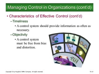 Copyright © by Houghton Mifflin Company. All rights reserved. 14–31
Managing Control in Organizations (cont’d)
• Characteristics of Effective Control (cont’d)
–Timeliness
• A control system should provide information as often as
necessary.
–Objectivity
• A control system
must be free from bias
and distortion.
 