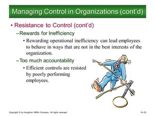 Copyright © by Houghton Mifflin Company. All rights reserved. 14–33
Managing Control in Organizations (cont’d)
• Resistance to Control (cont’d)
–Rewards for Inefficiency
• Rewarding operational inefficiency can lead employees
to behave in ways that are not in the best interests of the
organization.
–Too much accountability
• Efficient controls are resisted
by poorly performing
employees.
 