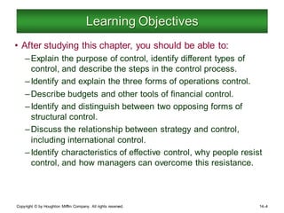 Copyright © by Houghton Mifflin Company. All rights reserved. 14–4
Learning Objectives
• After studying this chapter, you should be able to:
–Explain the purpose of control, identify different types of
control, and describe the steps in the control process.
–Identify and explain the three forms of operations control.
–Describe budgets and other tools of financial control.
–Identify and distinguish between two opposing forms of
structural control.
–Discuss the relationship between strategy and control,
including international control.
–Identify characteristics of effective control, why people resist
control, and how managers can overcome this resistance.
 