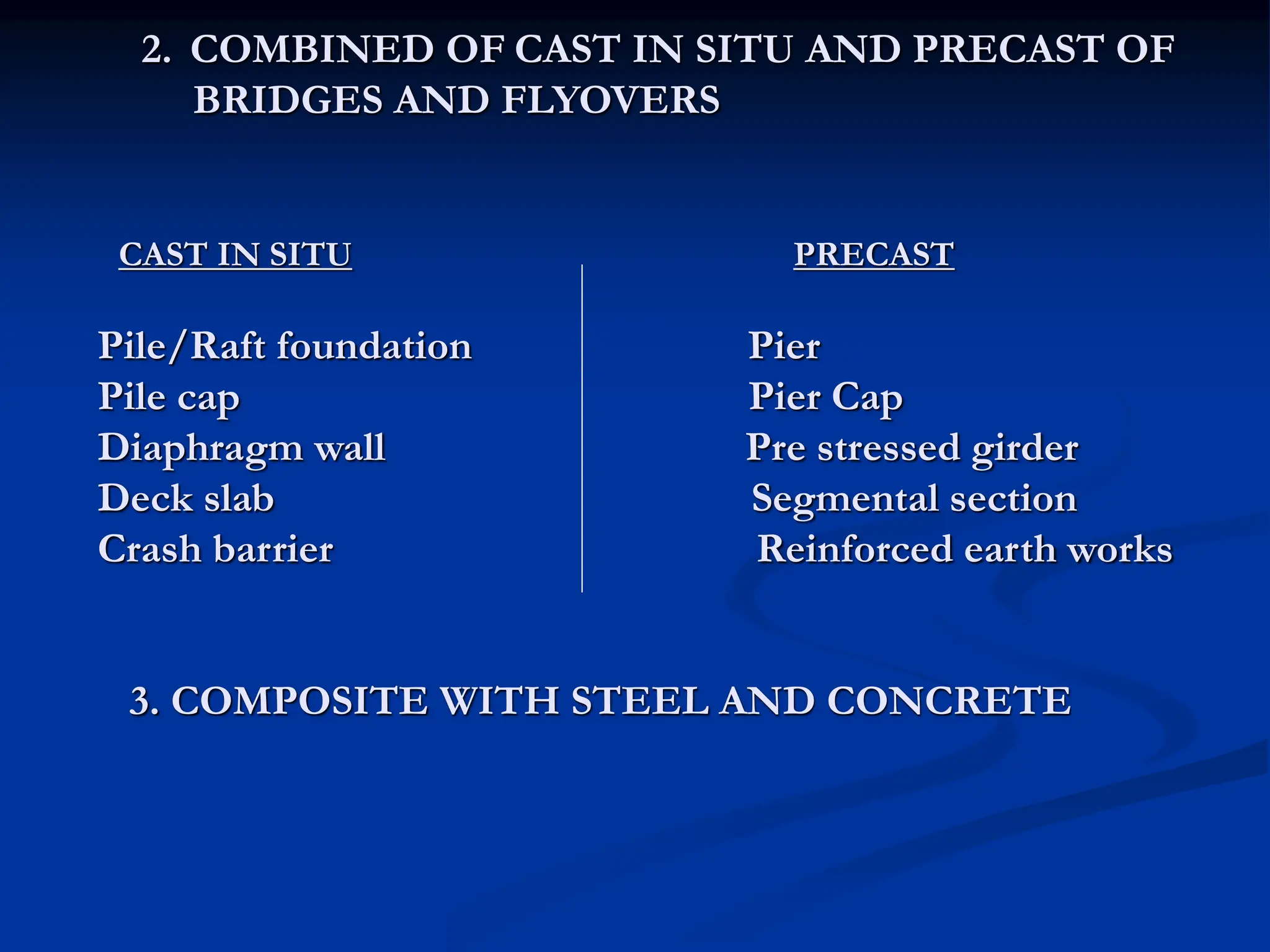 2. COMBINED OF CAST IN SITU AND PRECAST OF
BRIDGES AND FLYOVERS
CAST IN SITU PRECAST
Pile/Raft foundation Pier
Pile cap Pier Cap
Diaphragm wall Pre stressed girder
Deck slab Segmental section
Crash barrier Reinforced earth works
3. COMPOSITE WITH STEEL AND CONCRETE
 
