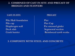 2. COMBINED OF CAST IN SITU AND PRECAST OF
BRIDGES AND FLYOVERS
CAST IN SITU PRECAST
Pile/Raft foundation Pier
Pile cap Pier Cap
Diaphragm wall Pre stressed girder
Deck slab Segmental section
Crash barrier Reinforced earth works
3. COMPOSITE WITH STEEL AND CONCRETE
 