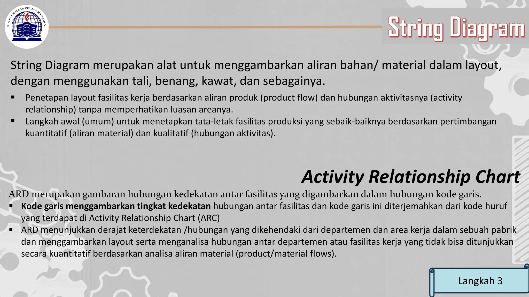 String Diagram
Langkah 3
String Diagram merupakan alat untuk menggambarkan aliran bahan/ material dalam layout,
dengan menggunakan tali, benang, kawat, dan sebagainya.
▪ Penetapan layout fasilitas kerja berdasarkan aliran produk (product flow) dan hubungan aktivitasnya (activity
relationship) tanpa memperhatikan luasan areanya.
▪ Langkah awal (umum) untuk menetapkan tata-letak fasilitas produksi yang sebaik-baiknya berdasarkan pertimbangan
kuantitatif (aliran material) dan kualitatif (hubungan aktivitas).
Activity Relationship Chart
ARD merupakan gambaran hubungan kedekatan antar fasilitas yang digambarkan dalam hubungan kode garis.
▪ Kode garis menggambarkan tingkat kedekatan hubungan antar fasilitas dan kode garis ini diterjemahkan dari kode huruf
yang terdapat di Activity Relationship Chart (ARC)
▪ ARD menunjukkan derajat keterdekatan /hubungan yang dikehendaki dari departemen dan area kerja dalam sebuah pabrik
dan menggambarkan layout serta menganalisa hubungan antar departemen atau fasilitas kerja yang tidak bisa ditunjukkan
secara kuantitatif berdasarkan analisa aliran material (product/material flows).
 