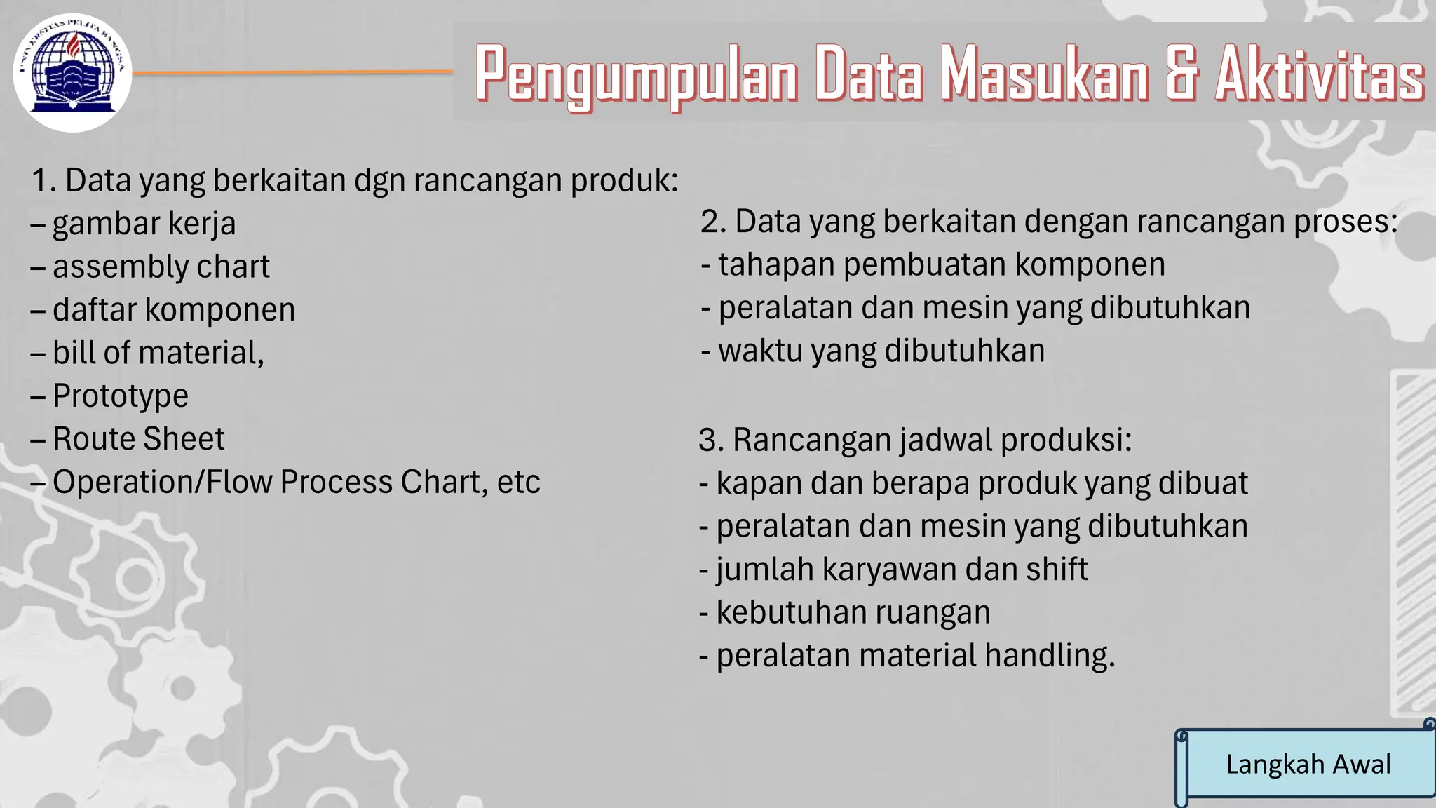 Pengumpulan Data Masukan & Aktivitas
Langkah Awal
1. Data yang berkaitan dgn rancangan produk:
– gambar kerja
– assembly chart
– daftar komponen
– bill of material,
– Prototype
– Route Sheet
– Operation/Flow Process Chart, etc
2. Data yang berkaitan dengan rancangan proses:
- tahapan pembuatan komponen
- peralatan dan mesin yang dibutuhkan
- waktu yang dibutuhkan
3. Rancangan jadwal produksi:
- kapan dan berapa produk yang dibuat
- peralatan dan mesin yang dibutuhkan
- jumlah karyawan dan shift
- kebutuhan ruangan
- peralatan material handling.
 