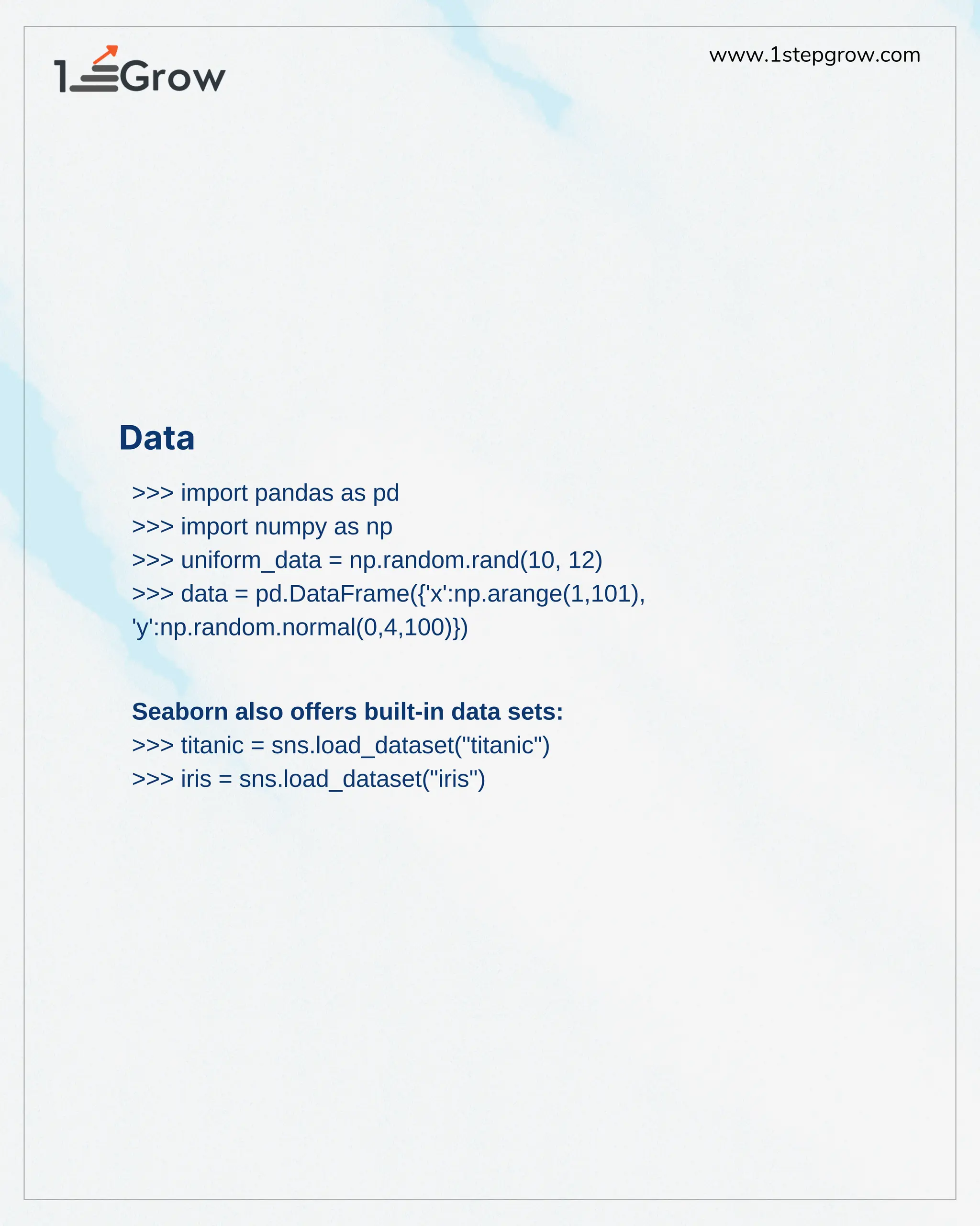 www.1stepgrow.com
>>> import pandas as pd
>>> import numpy as np
>>> uniform_data = np.random.rand(10, 12)
>>> data = pd.DataFrame({'x':np.arange(1,101),
'y':np.random.normal(0,4,100)})
Seaborn also offers built-in data sets:
>>> titanic = sns.load_dataset("titanic")
>>> iris = sns.load_dataset("iris")
Data
 
