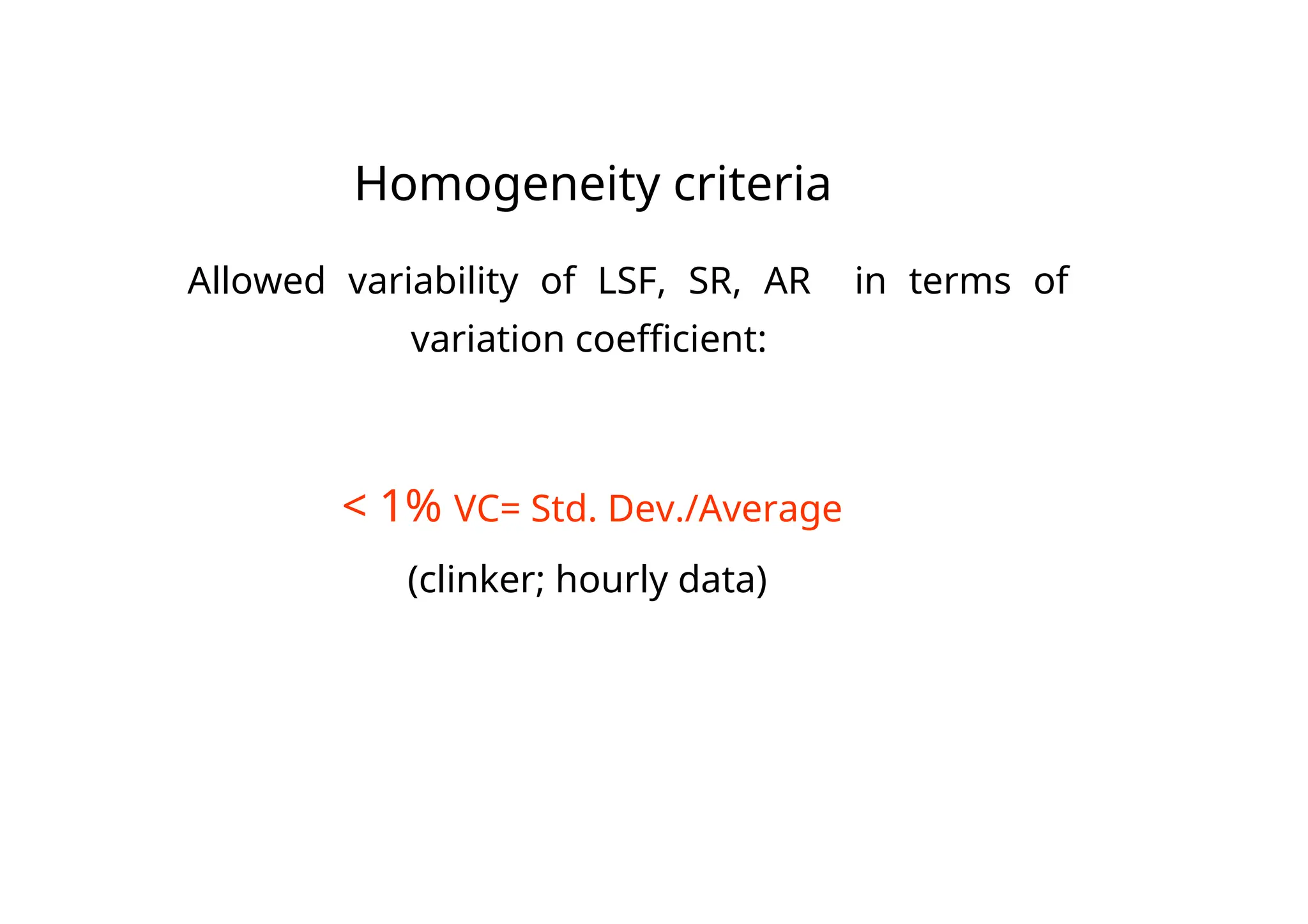 Homogeneity criteria
Allowed variability of LSF, SR, AR in terms of
variation coefficient:
< 1% VC= Std. Dev./Average
(clinker; hourly data)
 