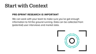 Start with Context
We can work with your team to make sure you’ve got enough
information to hit the ground running. Data can be collected from
(potential) user interviews and market data.
PRE-SPRINT RESEARCH IS IMPORTANT
 
