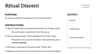 to receive unﬁltered feedback on ﬁrst draft sketches
Ritual Discent
PURPOSE OUTPUT
1. Select a participant to present their sketch (2 minutes only!)
○ No comments or questions from the group
2. Group mates provide critical feedback (3 minutes only!)
○ Presenter turns around and takes notes (listening only -
cannot respond)
3. Presenter responds to the group with “Thank You”
4. Repeat until everyone has presented and received feedback
INSTRUCTIONS
5 minutes per
presenter
THEY LIKED…
THIS WAS UNCLEAR…
THIS COULD USE SOME LOVE…
 