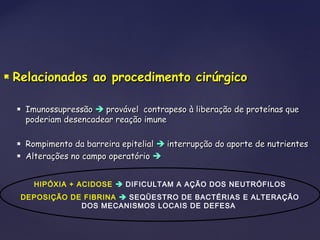  Relacionados ao procedimento cirúrgicoRelacionados ao procedimento cirúrgico
 ImunossupressãoImunossupressão  provável contrapeso à liberação de proteínas queprovável contrapeso à liberação de proteínas que
poderiam desencadear reação imunepoderiam desencadear reação imune
 Rompimento da barreira epitelialRompimento da barreira epitelial  interrupção do aporte de nutrientesinterrupção do aporte de nutrientes
 Alterações no campo operatórioAlterações no campo operatório 
HIPÓXIA + ACIDOSE  DIFICULTAM A AÇÃO DOS NEUTRÓFILOS
DEPOSIÇÃO DE FIBRINA  SEQÜESTRO DE BACTÉRIAS E ALTERAÇÃO
DOS MECANISMOS LOCAIS DE DEFESA
 