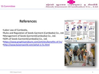References
6HRA Department
5S Committee
•Labor Law of Cambodia,
•Rules and Regulation of Seeds Garment (Cambodia) Co., Ltd.
•Management of Seeds Garment(Cambodia) Co., Ltd.
•SOPs of Seeds Garment(Cambodia) Co., Ltd.
•https://www.graphicproducts.com/articles/benefits-of-5s/
•http://www.kaizenworld.com/what-is-5s.html
 