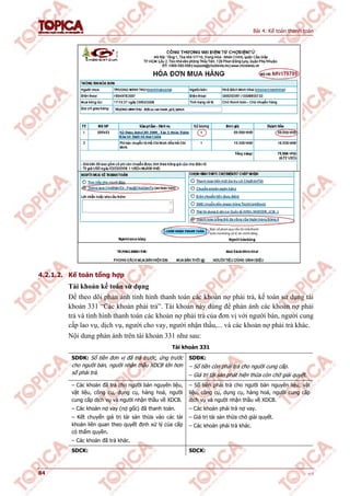 Bài 4: Kế toán thanh toán
84 v1.0
4.2.1.2. Kế toán tổng hợp
Tài khoản kế toán sử dụng
Để theo dõi phản ánh tình hình thanh toán các khoản nợ phải trả, kế toán sử dụng tài
khoản 331 “Các khoản phải trả”. Tài khoản này dùng để phản ánh các khoản nợ phải
trả và tình hình thanh toán các khoản nợ phải trả của đơn vị với người bán, người cung
cấp lao vụ, dịch vụ, người cho vay, người nhận thầu,... và các khoản nợ phải trả khác.
Nội dung phản ánh trên tài khoản 331 như sau:
Tài khoản 331
SDĐK: Số tiền đơn vị đã trả trước, ứng trước
cho người bán, người nhận thầu XDCB lớn hơn
số phải trả.
SDĐK:
– Số tiền còn phải trả cho người cung cấp.
– Giá trị tài sản phát hiện thừa còn chờ giải quyết.
– Các khoản đã trả cho người bán nguyên liệu,
vật liệu, công cụ, dụng cụ, hàng hoá, người
cung cấp dịch vụ và người nhận thầu về XDCB.
– Các khoản nợ vay (nợ gốc) đã thanh toán.
– Kết chuyển giá trị tài sản thừa vào các tài
khoản liên quan theo quyết định xử lý của cấp
có thẩm quyền.
– Các khoản đã trả khác.
– Số tiền phải trả cho người bán nguyên liệu, vật
liệu, công cụ, dụng cụ, hàng hoá, người cung cấp
dịch vụ và người nhận thầu về XDCB.
– Các khoản phải trả nợ vay.
– Giá trị tài sản thừa chờ giải quyết.
– Các khoản phải trả khác.
SDCK: SDCK:
 