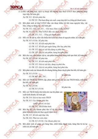 Bài 4: Kế toán thanh toán
v1.0 79
(1.2) Đối với hàng hoá, dịch vụ thuộc đối tượng chịu thuế GTGT theo phương pháp
trực tiếp, kế toán ghi:
Nợ TK 311: Số tiền phải thu
Có TK 531: Thu hoạt động sản xuất, cung ứng dịch vụ (tổng giá thanh toán).
(2) Khi phát sinh số thuế GTGT đầu vào được khấu trừ khi mua nguyên liệu, vật
liệu, công cụ dụng cụ..., kế toán ghi:
Nợ TK 152, 153, 155, 211...: Giá mua chưa có thuế GTGT
Nợ TK 311 (3113): Thuế GTGT đầu vào được khấu trừ
Có TK 111, 112...: Tổng giá thanh toán.
(3) Đối với số vật tư, tiền vốn thiếu khi kiểm kê chưa rõ nguyên nhân, kế toán ghi:
Nợ TK 311 (3118): Số phải thu
Có TK 111: Số tiền mặt phải thu
Có TK 112: Số tiền gửi ngân hàng, kho bạc phải thu
Có TK 152: Giá trị vật liệu,dụng cụ phải thu
Có TK 155: Giá trị sản phẩm, hàng hoá phải thu.
(4) Khi cho vay, cho mượn vật tư, sản phẩm hàng hoá mang tính tạm thời, kế toán ghi:
Nợ TK 311 (3118): Số phải thu
Có TK 111: Số tiền mặt phải thu
Có TK 152: Giá trị vật liệu, dụng cụ phải thu
Có TK 155: Giá trị sản phẩm, hàng hoá phải thu.
(5) Khi phát sinh các khoản đã chi nhưng không được duyệt phải thu hồi, kế toán ghi:
Nợ TK 311 (3118)
Có TK 662, 661, 241...
Số phải thu
(6) Đối với TSCĐ do NSNN cấp, phản ánh giá trị còn lại của TSCĐ thiếu, mất phải
thu hồi, kế toán ghi:
Nợ TK 311 (3118)
Có TK 511 (5118)
Số phải thu
(7) Đối với TSCĐ thiếu khi kiểm kê của bộ phận sản
xuất kinh doanh, kế toán ghi:
Nợ TK 214: Giá trị hao mòn TSCĐ
Nợ TK 311: Các khoản phải thu
(phần giá trị còn lại)
Có TK 211: TSCĐ hữu hình.
(8) Khi thu hồi các khoản phải thu về tài sản thiếu
phát hiện khi kiểm kê theo quyết định xử lý:
Nợ TK 111: Số tiền mặt thực thu
Nợ TK 334: Phải trả viên chức
Có TK 311 (3118): Các khoản phải trả.
(9) Khi phát sinh số giảm giá hàng bán, chiết khấu thanh toán, hàng bán bị trả lại
(nếu có), kế toán ghi:
 