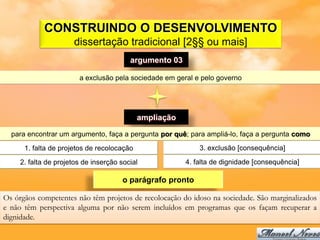CONSTRUINDO O DESENVOLVIMENTO
                      dissertação tradicional [2§§ ou mais]
                                         argumento 03

                        a exclusão pela sociedade em geral e pelo governo




                                            ampliação

  para encontrar um argumento, faça a pergunta por quê; para ampliá-lo, faça a pergunta como
      1. falta de projetos de recolocação                   3. exclusão [consequência]

     2. falta de projetos de inserção social            4. falta de dignidade [consequência]

                                       o parágrafo pronto

Os órgãos competentes não têm projetos de recolocação do idoso na sociedade. São marginalizados
e não têm perspectiva alguma por não serem incluídos em programas que os façam recuperar a
dignidade.
 