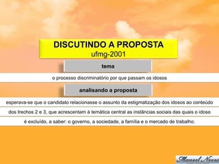 DISCUTINDO A PROPOSTA
                                       ufmg-2001
                                           tema

                     o processo discriminatório por que passam os idosos

                                 analisando a proposta

esperava-se que o candidato relacionasse o assunto da estigmatização dos idosos ao conteúdo
 dos trechos 2 e 3, que acrescentam à temática central as instâncias sociais das quais o idoso
        é excluído, a saber: o governo, a sociedade, a família e o mercado de trabalho.
 