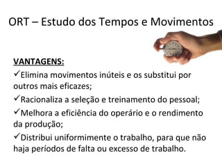 ORT – Estudo dos Tempos e Movimentos


VANTAGENS:
Elimina movimentos inúteis e os substitui por
outros mais eficazes;
Racionaliza a seleção e treinamento do pessoal;
Melhora a eficiência do operário e o rendimento
da produção;
Distribui uniformimente o trabalho, para que não
haja períodos de falta ou excesso de trabalho.
 