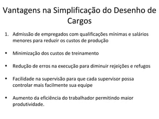 Vantagens na Simplificação do Desenho de
                Cargos
1. Admissão de empregados com qualificações mínimas e salários
   menores para reduzir os custos de produção

•   Minimização dos custos de treinamento

•   Redução de erros na execução para diminuir rejeições e refugos

•   Facilidade na supervisão para que cada supervisor possa
    controlar mais facilmente sua equipe

•   Aumento da eficiência do trabalhador permitindo maior
    produtividade.
 