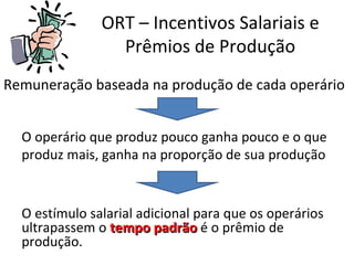 ORT – Incentivos Salariais e
                 Prêmios de Produção
Remuneração baseada na produção de cada operário


  O operário que produz pouco ganha pouco e o que
  produz mais, ganha na proporção de sua produção


  O estímulo salarial adicional para que os operários
  ultrapassem o tempo padrão é o prêmio de
  produção.
 