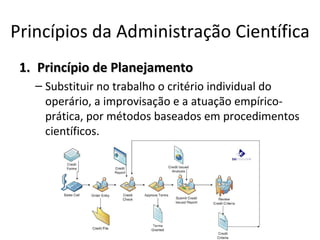 Princípios da Administração Científica
 1. Princípio de Planejamento
   – Substituir no trabalho o critério individual do
     operário, a improvisação e a atuação empírico-
     prática, por métodos baseados em procedimentos
     científicos.
 