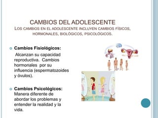 CAMBIOS DEL ADOLESCENTE
LOS CAMBIOS EN EL ADOLESCENTE INCLUYEN CAMBIOS FÍSICOS,
HORMONALES, BIOLÓGICOS, PSICOLÓGICOS.
 Ca...