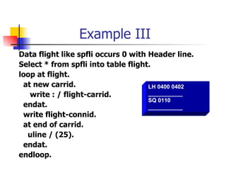 Example III
Data flight like spfli occurs 0 with Header line.
Select * from spfli into table flight.
loop at flight.
 at new carrid.                      LH 0400 0402
   write : / flight-carrid.          ___________
                                     SQ 0110
 endat.                              ___________
 write flight-connid.
 at end of carrid.
  uline / (25).
 endat.
endloop.
 