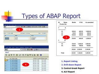Types of ABAP Report

1


                     3




                 1. Report Listing
     4           2. Drill-down Report
                 3. Control-break Report
                 4. ALV Report
 
