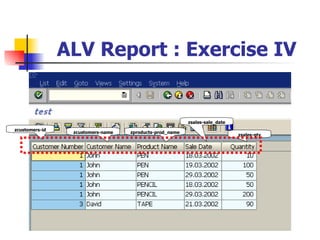 ALV Report : Exercise IV


                                                         zsales-sale_date
zcustomers-id
                 zcustomers-name   zproducts-prod_name
                                                                            zsales-qty
 