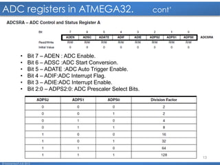 13
ADC registers in ATMEGA32. cont’
© Mohamed F.A.B 2015
• Bit 7 – ADEN : ADC Enable.
• Bit 6 – ADSC :ADC Start Conversion.
• Bit 5 – ADATE :ADC Auto Trigger Enable.
• Bit 4 – ADIF:ADC Interrupt Flag.
• Bit 3 – ADIE:ADC Interrupt Enable.
• Bit 2:0 – ADPS2:0: ADC Prescaler Select Bits.
 