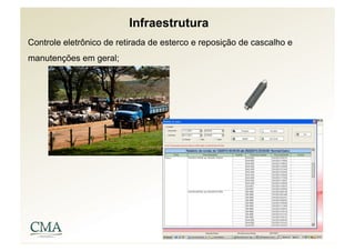 Infraestrutura
Controle eletrônico de retirada de esterco e reposição de cascalho e
manutenções em geral;
 