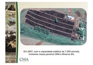 Em 2007, com a capacidade estática de 7.000 animais,
    iniciamos nossa parceria CMA e Minerva SA.
 