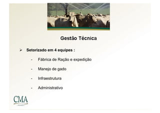   Setorizado em 4 equipes :

     -    Fábrica de Ração e expedição

     -    Manejo de gado

     -    Infraestrutura

     -    Administrativo
 