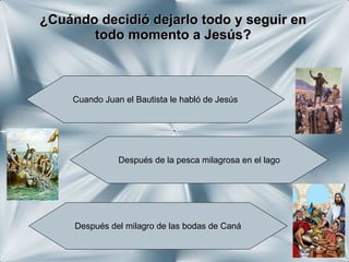 ¿Cuándo decidió dejarlo todo y seguir en todo momento a Jesús? Cuando Juan el Bautista le habló de Jesús Después de la pesca milagrosa en el lago Después del milagro de las bodas de Caná Marcos, 1: 16-20 