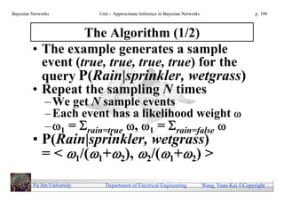 Bayesian Networks            Unit - Approximate Inference in Bayesian Networks                        p. 106



                   The Algorithm (1/2)
         • The example generates a sample
           event (true, true, true, true) for the
           query P(Rain|sprinkler, wetgrass)
         • Repeat the sampling N times
               – We get N sample events
               – Each event has a likelihood weight 
               – 1 = rain=true , 1 = rain=false 
         • P(Rain|sprinkler, wetgrass)
           = < 1/(1+2), 2/(1+2) >
         Fu Jen University     Department of Electrical Engineering              Wang, Yuan-Kai Copyright
 