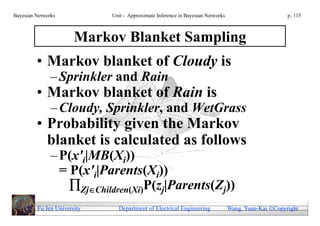 Bayesian Networks            Unit - Approximate Inference in Bayesian Networks                        p. 115



                       Markov Blanket Sampling
         • Markov blanket of Cloudy is
               – Sprinkler and Rain
         • Markov blanket of Rain is
               – Cloudy, Sprinkler, and WetGrass
         • Probability given the Markov
           blanket is calculated as follows
               – P(x'i|MB(Xi))
                 = P(x'i|Parents(Xi))
                   ZjChildren(Xi)P(zj|Parents(Zj))
         Fu Jen University     Department of Electrical Engineering              Wang, Yuan-Kai Copyright
 