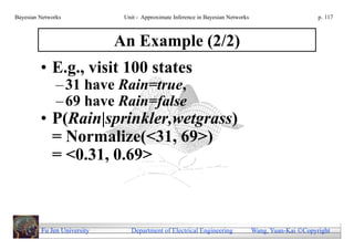 Bayesian Networks             Unit - Approximate Inference in Bayesian Networks                        p. 117



                             An Example (2/2)
         • E.g., visit 100 states
               – 31 have Rain=true,
               – 69 have Rain=false
         • P(Rain|sprinkler,wetgrass)
           = Normalize(<31, 69>)
           = <0.31, 0.69>



         Fu Jen University      Department of Electrical Engineering              Wang, Yuan-Kai Copyright
 