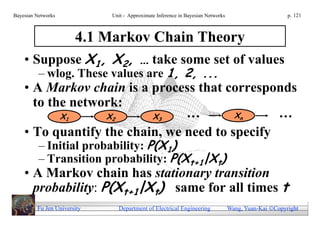Bayesian Networks             Unit - Approximate Inference in Bayesian Networks                        p. 121



            4.1 Markov Chain Theory
    • Suppose X1, X2, … take some set of values
          – wlog. These values are 1, 2, ...
    • A Markov chain is a process that corresponds
                                                              ...                                   ...
      to the network:
                    X1       X2                X3                                   Xn

    • To quantify the chain, we need to specify
          – Initial probability: P(X1)
          – Transition probability: P(Xt+1|Xt)
    • A Markov chain has stationary transition
      probability: P(Xt+1|Xt) same for all times t
         Fu Jen University        Department of Electrical Engineering            Wang, Yuan-Kai Copyright
 