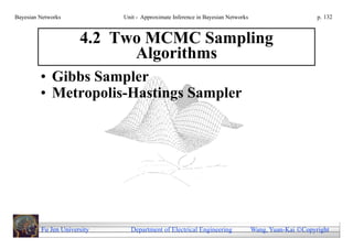 Bayesian Networks            Unit - Approximate Inference in Bayesian Networks                        p. 132



                      4.2 Two MCMC Sampling
                            Algorithms
         • Gibbs Sampler
         • Metropolis-Hastings Sampler




         Fu Jen University     Department of Electrical Engineering              Wang, Yuan-Kai Copyright
 