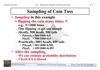Bayesian Networks               Unit - Approximate Inference in Bayesian Networks                        p. 14



                             Sampling of Coin Toss
         • Sampling in this example
           = flipping the coin many times N
               – e.g., N=1000 times
               – One flipping  get one sample
               – Ideally, 500 heads, 500 tails
                    • P(head) = 500/1000=0.5
                      P(tail) = 500/1000=0.5
               – Practically, 5001 heads, 499 tails
                    • P(head) = 501/1000=0.501
                      P(tail) = 499/1000=0.499
         • After the sampling,
               – We can estimate probability distribution
               – Check if it is biased
         Fu Jen University        Department of Electrical Engineering              Wang, Yuan-Kai Copyright
 