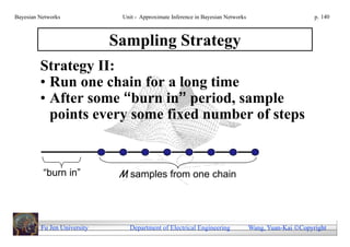 Bayesian Networks             Unit - Approximate Inference in Bayesian Networks                        p. 140



                             Sampling Strategy
         Strategy II:
         • Run one chain for a long time
         • After some “burn in” period, sample
           points every some fixed number of steps


          “burn in”           M samples from one chain



         Fu Jen University      Department of Electrical Engineering              Wang, Yuan-Kai Copyright
 