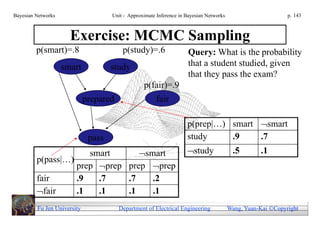 Bayesian Networks                    Unit - Approximate Inference in Bayesian Networks                        p. 143



                      Exercise: MCMC Sampling
         p(smart)=.8                     p(study)=.6                 Query: What is the probability
                    smart            study                           that a student studied, given
                                                                     that they pass the exam?
                                                  p(fair)=.9
                             prepared                   fair

                                                                     p(prep|…) smart smart
                              pass                                   study     .9    .7
                      smart      smart                              study               .5        .1
         p(pass|…)
                   prep prep prep prep
         fair      .9   .7    .7    .2
         fair     .1   .1    .1    .1
         Fu Jen University              Department of Electrical Engineering             Wang, Yuan-Kai Copyright
 