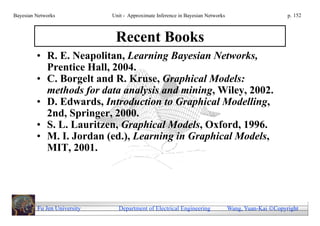 Bayesian Networks            Unit - Approximate Inference in Bayesian Networks                        p. 152



                              Recent Books
         • R. E. Neapolitan, Learning Bayesian Networks,
           Prentice Hall, 2004.
         • C. Borgelt and R. Kruse, Graphical Models:
           methods for data analysis and mining, Wiley, 2002.
         • D. Edwards, Introduction to Graphical Modelling,
           2nd, Springer, 2000.
         • S. L. Lauritzen, Graphical Models, Oxford, 1996.
         • M. I. Jordan (ed.), Learning in Graphical Models,
           MIT, 2001.




         Fu Jen University     Department of Electrical Engineering              Wang, Yuan-Kai Copyright
 