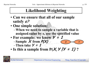Bayesian Networks               Unit - Approximate Inference in Bayesian Networks                        p. 159



                             Likelihood Weighting
         • Can we ensure that all of our sample
           satisfy e?
         • One simple solution:
              –When we need to sample a variable that is
               assigned value by e, use the specified value
         • For example: we know Y = 1
              –Sample X from P(X)                                                   X              Y

              –Then take Y = 1
         • Is this a sample from P(X,Y |Y = 1) ?

         Fu Jen University        Department of Electrical Engineering              Wang, Yuan-Kai Copyright
 