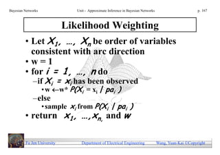 Bayesian Networks              Unit - Approximate Inference in Bayesian Networks                        p. 167



                  Likelihood Weighting
         • Let X1, …, Xn be order of variables
           consistent with arc direction
         •w=1
         • for i = 1, …, n do
              –if Xi = xi has been observed
                    • w w* P(Xi = xi | pai )
              –else
                    • sample xi from P(Xi | pai )
         • return x1, …,xn, and w

         Fu Jen University       Department of Electrical Engineering              Wang, Yuan-Kai Copyright
 