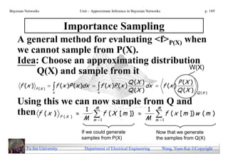 Bayesian Networks                      Unit - Approximate Inference in Bayesian Networks                        p. 169



                               Importance Sampling
    A general method for evaluating <f>P(X) when
    we cannot sample from P(X).
    Idea: Choose an approximating distribution
                                             W(X)
        Q(X) and sample from it
                                                                    Q (X )              P (X )
     f (x )               f ( x )P ( x )dx   f ( x )P ( x )            dx  f ( x )
               P (X )
                          x                      x                  Q (X )              Q (X )              Q (X )

    Using this we can now sample from Q and
                    1                  1        M                                     M
    then f ( x )      f ( X [ m ]) 
                              P (X )      f ( x [ m ]) w ( m )
                                         M     m 1                           M      m 1


                                        If we could generate                         Now that we generate
                                        samples from P(X)                            the samples from Q(X)

         Fu Jen University                Department of Electrical Engineering             Wang, Yuan-Kai Copyright
 