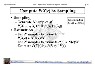 Bayesian Networks            Unit - Approximate Inference in Bayesian Networks                        p. 17



                    Compute P(X|e) by Sampling
         • Sampling                                                              Explained in
               – Generate N samples of                                           Sections 2,3,4
                 P(X1, …, Xn) =  P(Xi|Pa(Xi))
         • Estimation
               – Use N samples to estimate
                 P(X,e)  N(X,e)/N
               – Use N samples to estimate P(e)  N(e)/N
               – Estimate P(X|e) by P(X,e) / P(e)



         Fu Jen University     Department of Electrical Engineering              Wang, Yuan-Kai Copyright
 