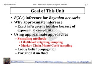 Bayesian Networks             Unit - Approximate Inference in Bayesian Networks                        p. 2



                             Goal of This Unit
         • P(X|e) inference for Bayesian networks
         • Why approximate inference
               – Exact inference is too slow because of
                 exponential complexity
         • Using approximate approaches
               – Sampling methods
                    • Likelihood weighting sampling
                    • Markov Chain Monte Carlo sampling
               – Loopy belief propagation
               – Variational method

         Fu Jen University      Department of Electrical Engineering              Wang, Yuan-Kai Copyright
 