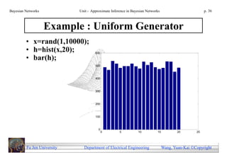 Bayesian Networks            Unit - Approximate Inference in Bayesian Networks                         p. 36



                    Example : Uniform Generator
         • x=rand(1,10000);
         • h=hist(x,20);              600

         • bar(h);
                                      500



                                      400



                                      300



                                      200



                                      100



                                        0
                                            0        5          10          15          20        25




         Fu Jen University     Department of Electrical Engineering              Wang, Yuan-Kai Copyright
 