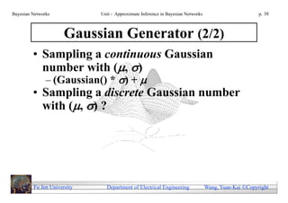 Bayesian Networks            Unit - Approximate Inference in Bayesian Networks                        p. 38



                      Gaussian Generator (2/2)
         • Sampling a continuous Gaussian
           number with (, )
               – (Gaussian() * ) + 
         • Sampling a discrete Gaussian number
           with (, ) ?




         Fu Jen University     Department of Electrical Engineering              Wang, Yuan-Kai Copyright
 