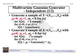 Bayesian Networks            Unit - Approximate Inference in Bayesian Networks                        p. 48


               Multivariate Gaussian Generator
                     - Independent (2/2)
         • Generate a sample of X =(X1,…,Xn) with
           i=0, ii=1, ij = 0 for ij
               – int X[n]; // a sample
                 for (i=0; i<n; i++)
                    X[i] = Gaussian();
         • Generate a sample of X =(X1,…,Xn) with
           i0, ii 1, ij = 0 for ij
               – int X[n]; // a sample
                 for (i=0; i<n; i++)
                    X[i] = i + Gaussian() * ii;

         Fu Jen University     Department of Electrical Engineering              Wang, Yuan-Kai Copyright
 